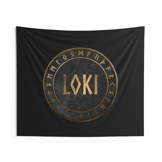 Loki Norse God with Futhark Runes Indoor Wall Tapestry 60" x 50"