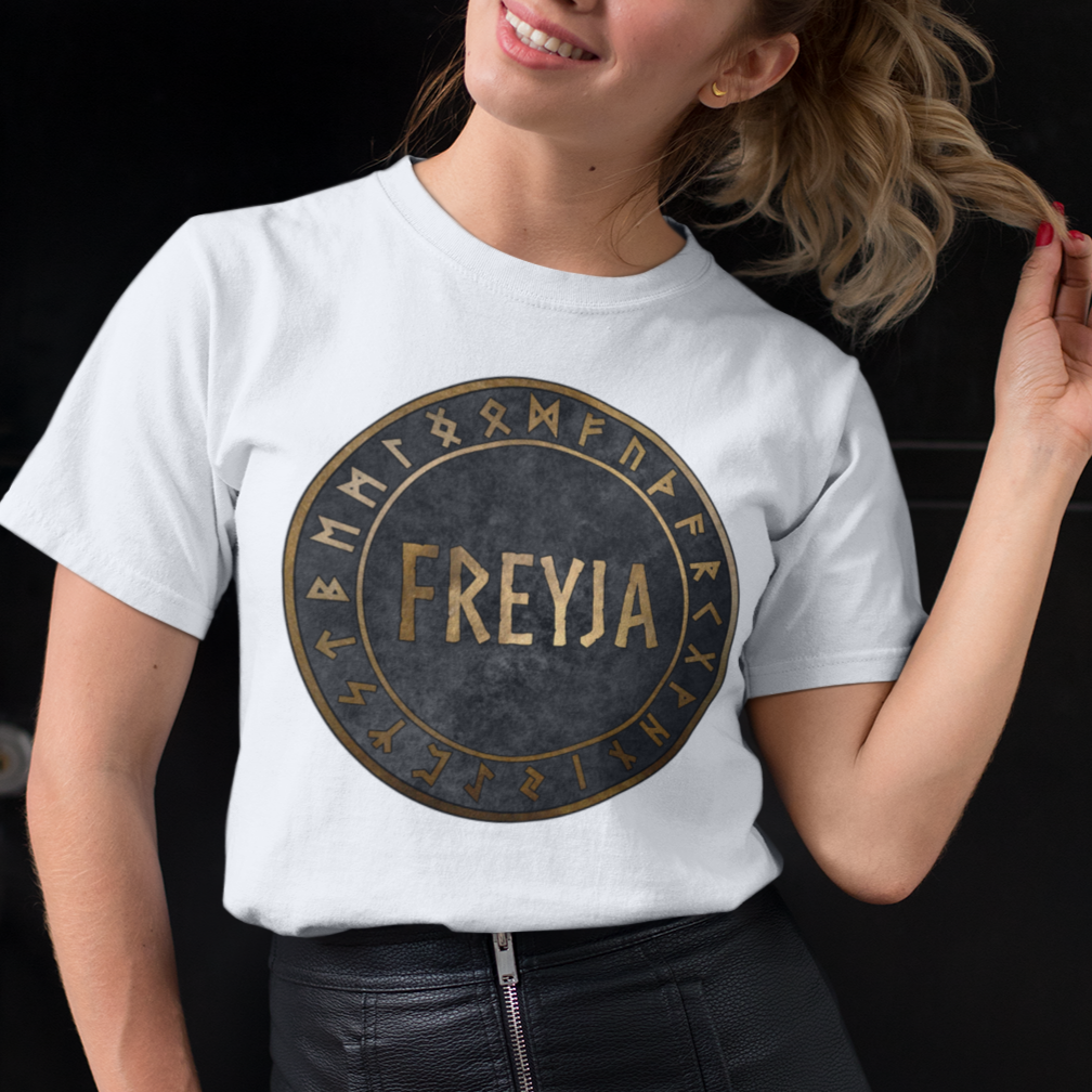 Freyja Norse Goddess with Viking Runes T-Shirt