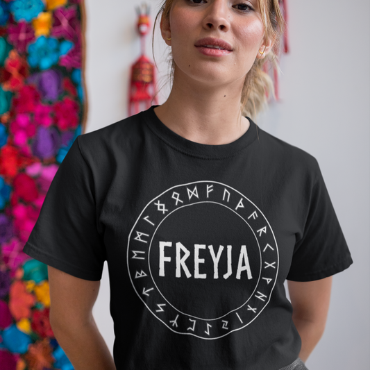 Freyja Norse Goddess with Futhark Runes T-shirt