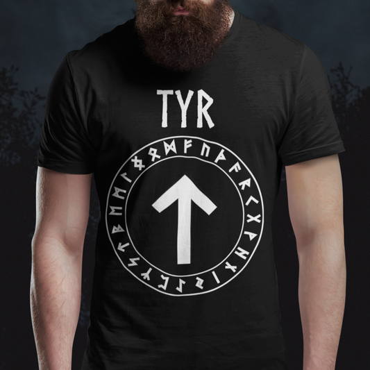 Tyr Norse God Tiwaz Rune with Futhark Runes T-shirt